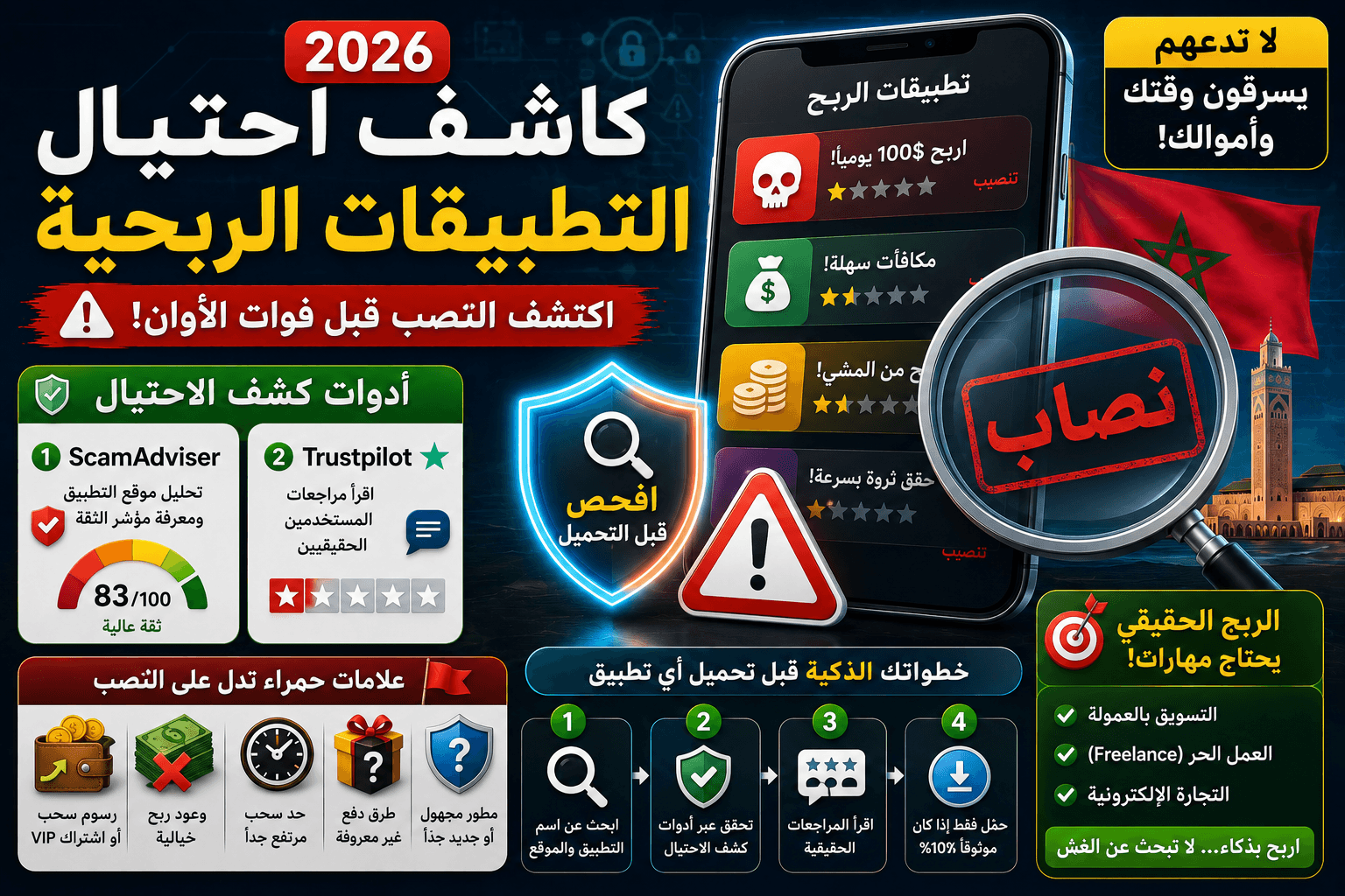 كاشف احتيال التطبيقات الربحية 2026: كيف تعرف التطبيقات النصابة قبل تحميلها؟