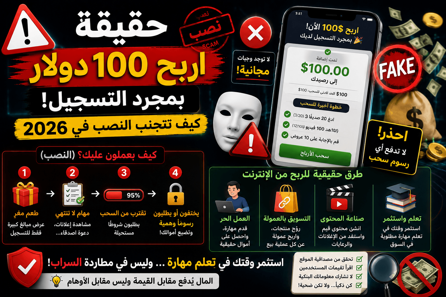 حقيقة 'اربح 100 دولار بمجرد التسجيل': كيف تتجنب النصب في 2026