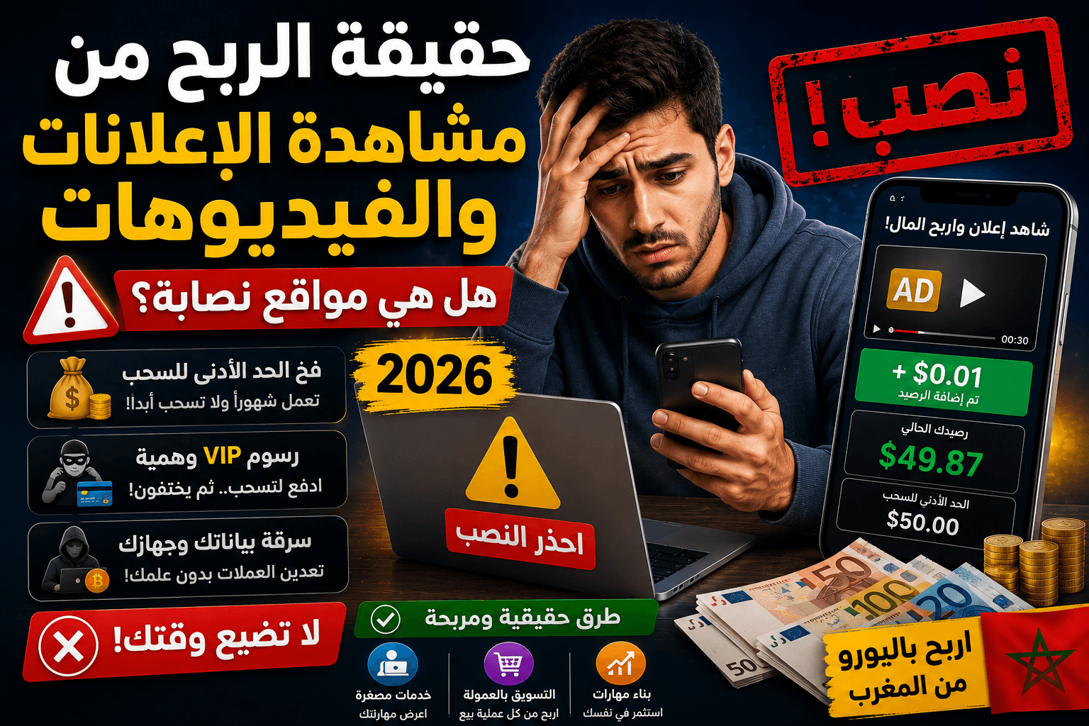حقيقة الربح من مشاهدة الإعلانات والفيديوهات 2026: هل هي مواقع نصابة؟