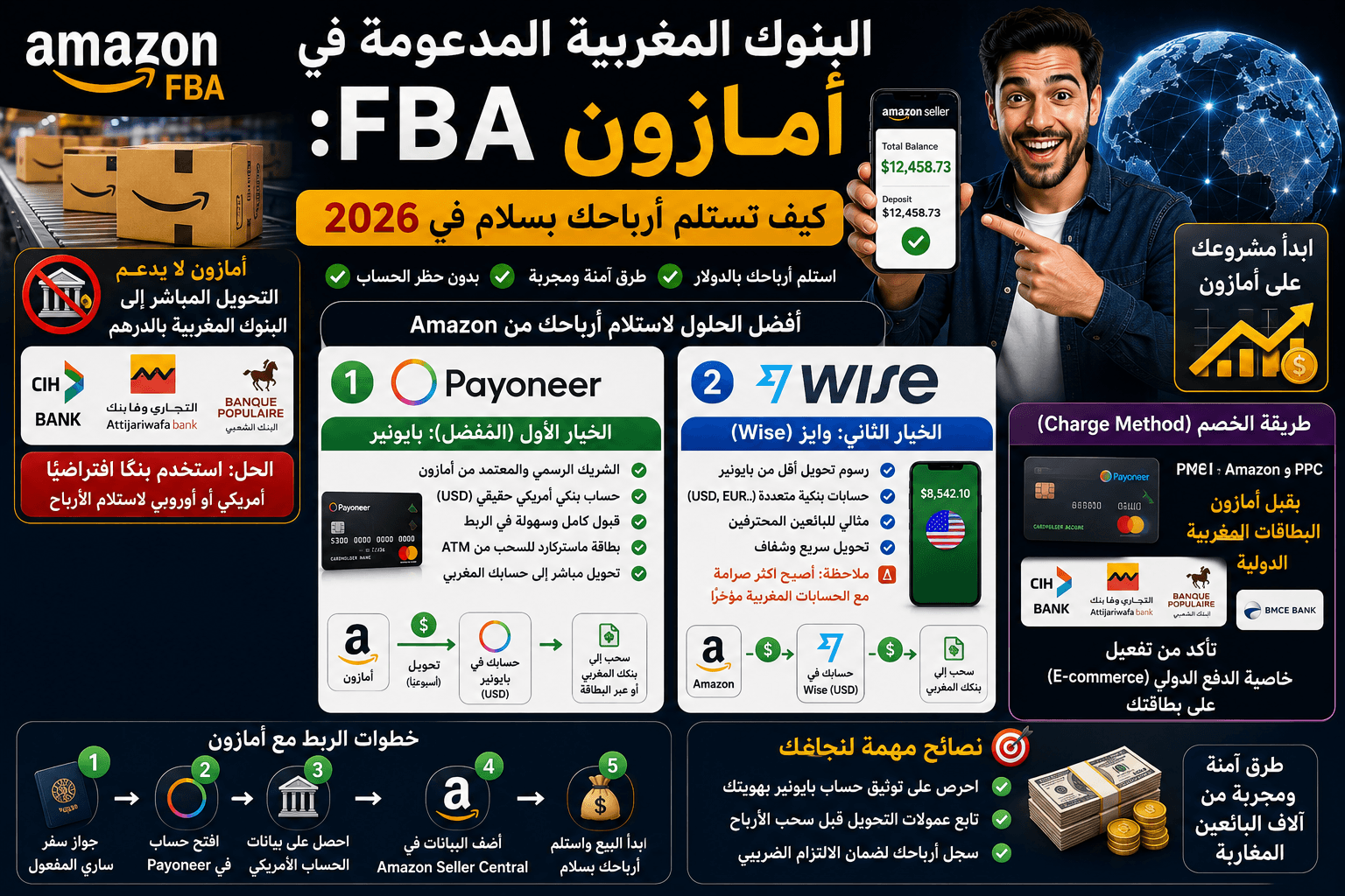 البنوك المغربية المدعومة في أمازون FBA: كيف تستلم أرباحك بسلام في 2026