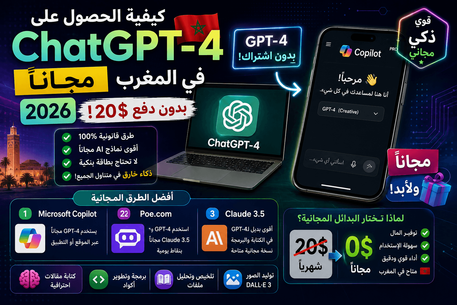 كيفية الحصول على ChatGPT-4 مجاناً في المغرب 2026 (بدون دفع 20$)