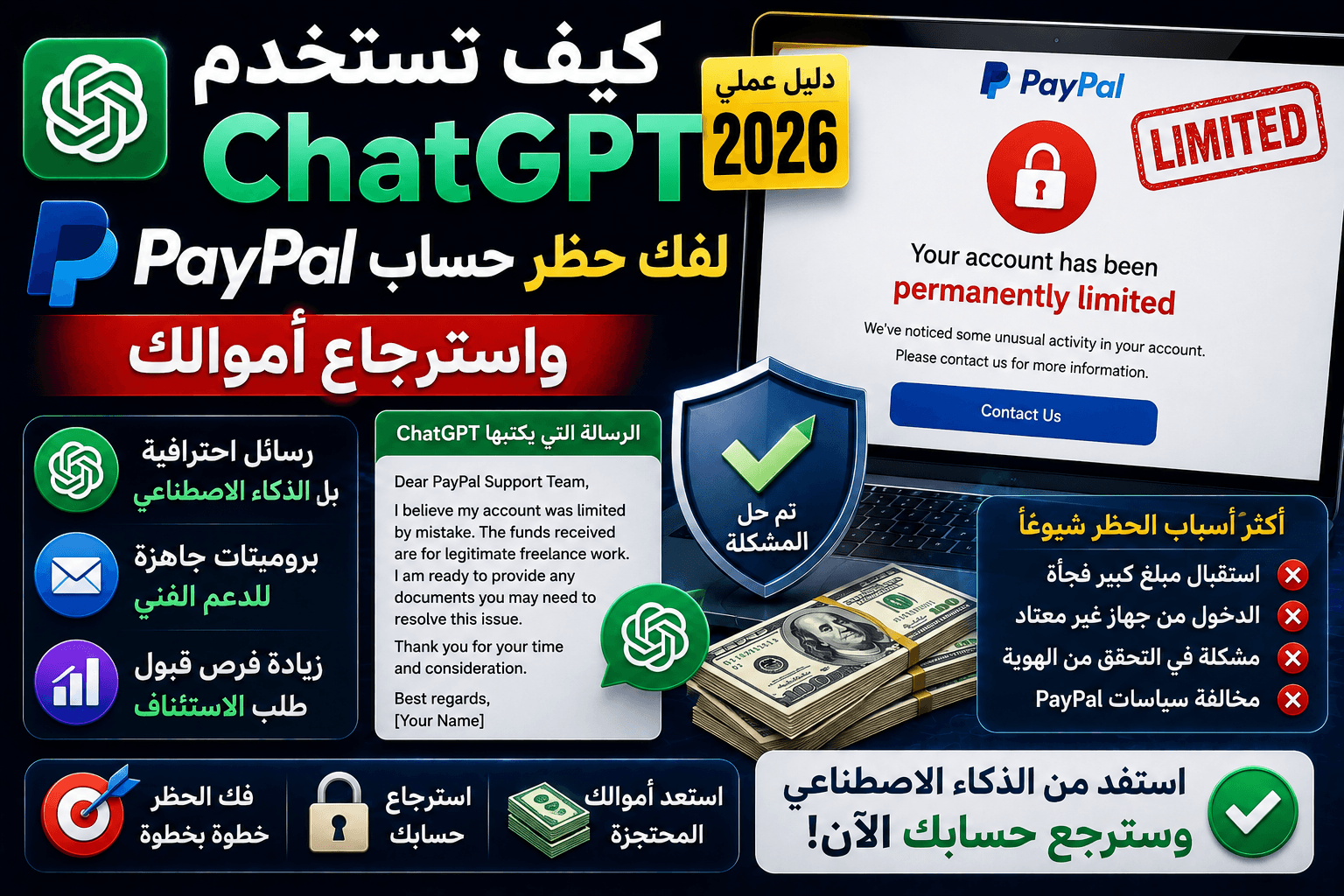 كيف تستخدم ChatGPT لفك حظر حساب PayPal واسترجاع أموالك (مع برومبتات جاهزة)