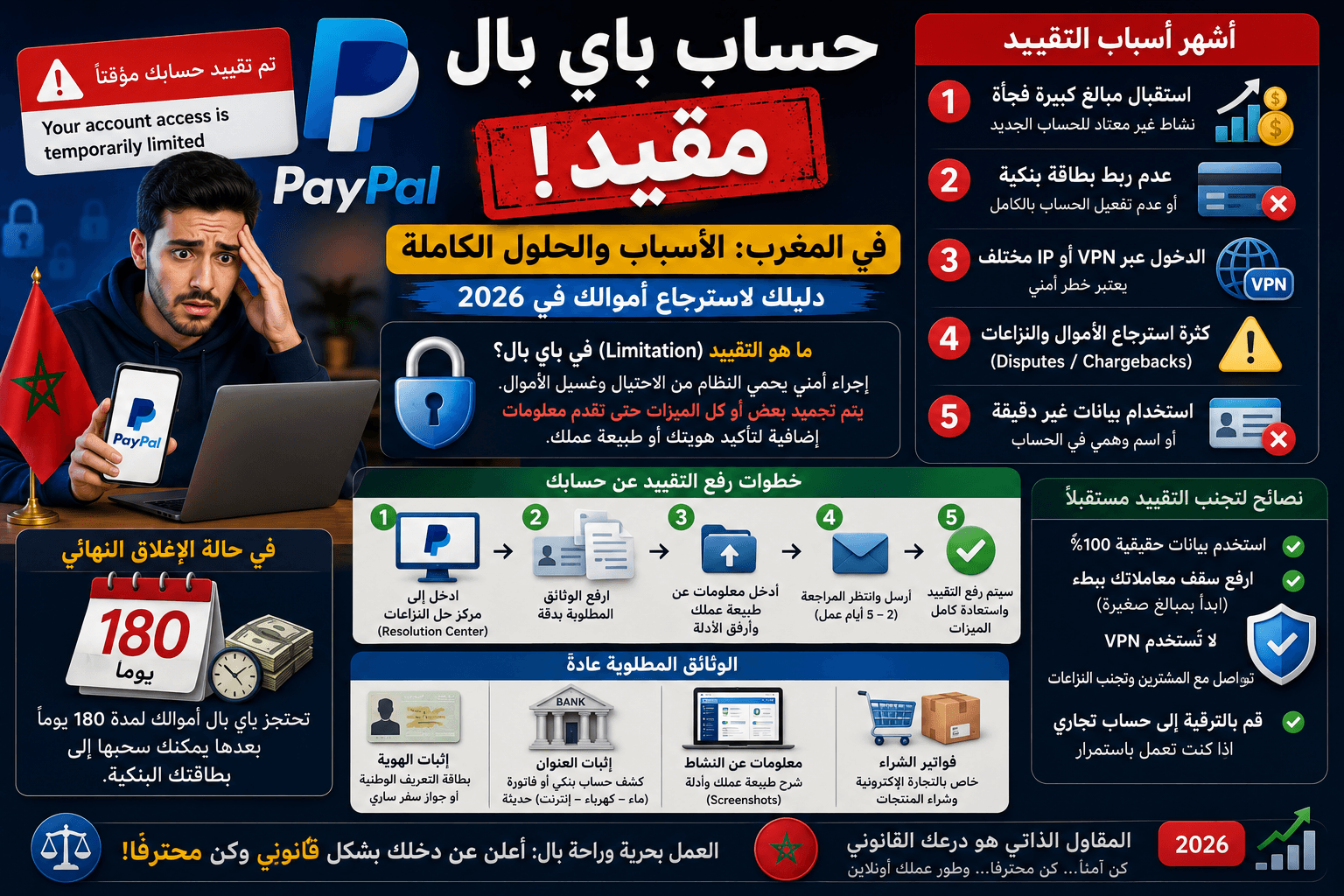 حساب باي بال مقيد (PayPal Limited) في المغرب: الأسباب وكيفية استرجاع أموالك 2026