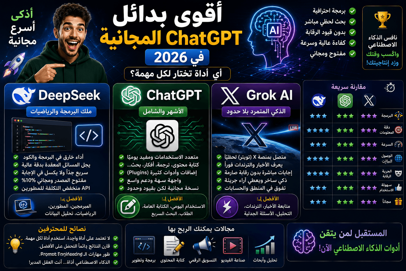 أقوى بدائل ChatGPT المجانية في 2026: تعرف على DeepSeek و Grok AI