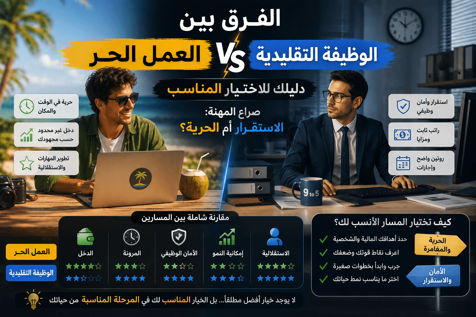 الفرق بين العمل الحر والوظيفة التقليدية: دليلك للاختيار المناسب