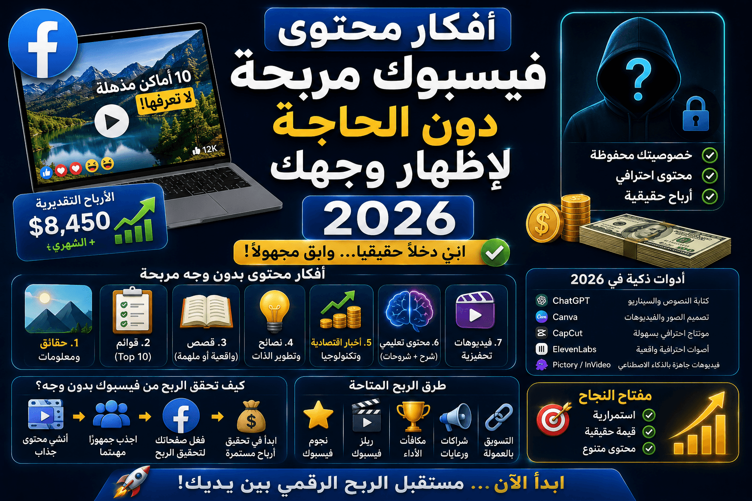 أفكار محتوى فيسبوك مربحة دون الحاجة لإظهار وجهك 2026