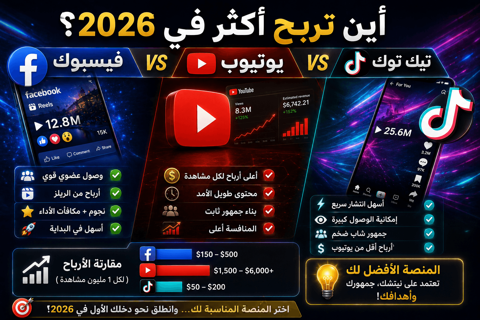 فيسبوك vs يوتيوب vs تيك توك: أين تربح أكثر في 2026؟