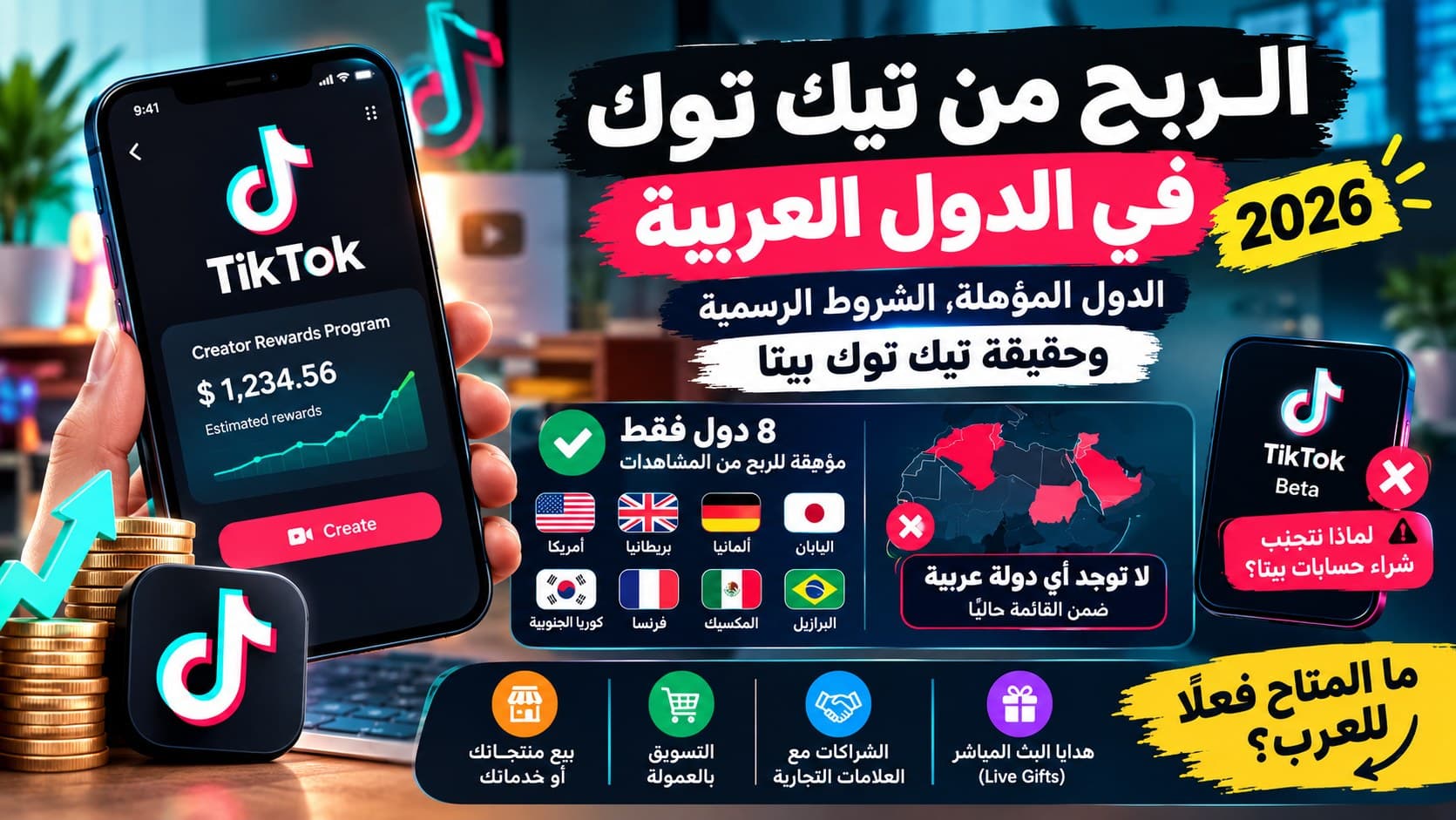 الربح من تيك توك في الدول العربية 2026: الدول المؤهلة، الشروط الرسمية وحقيقة تيك توك بيتا
