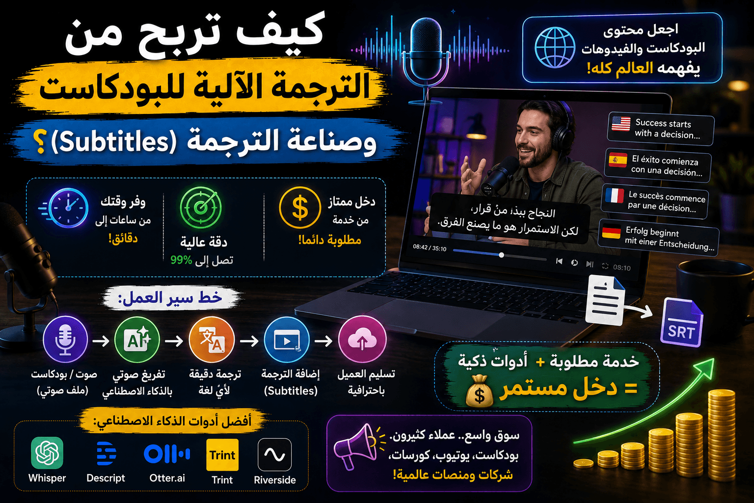 كيف تربح من الترجمة الآلية للبودكاست وصناعة الترجمة (Subtitles)؟