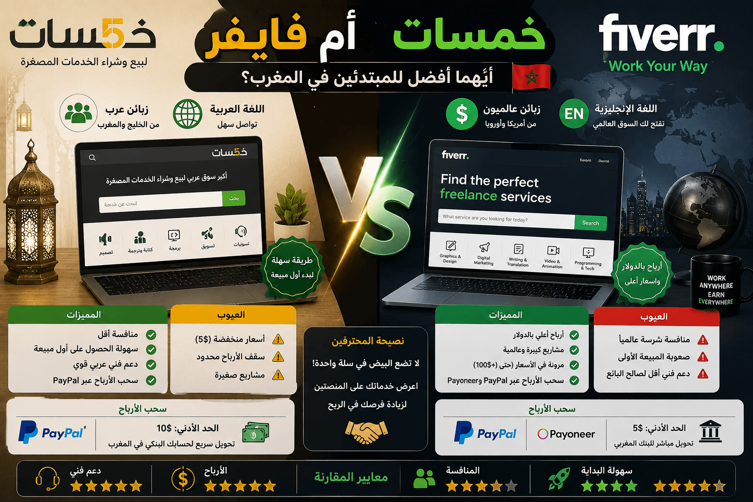 خمسات أم فايفر (Khamsat vs Fiverr): أيهما أفضل للمبتدئين في المغرب؟