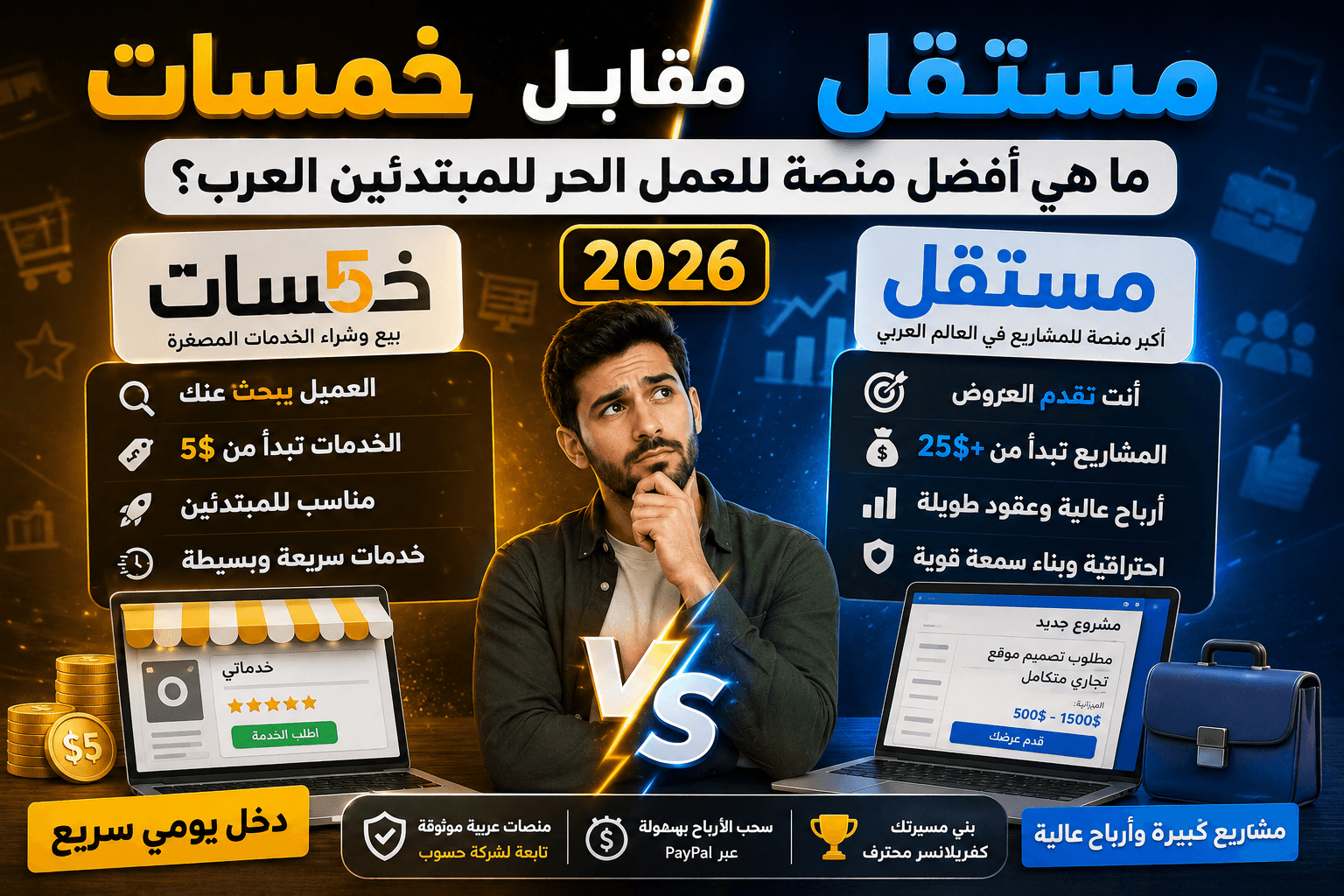 خمسات مقابل مستقل: ما هي أفضل منصة للعمل الحر (Freelance) للمبتدئين العرب؟