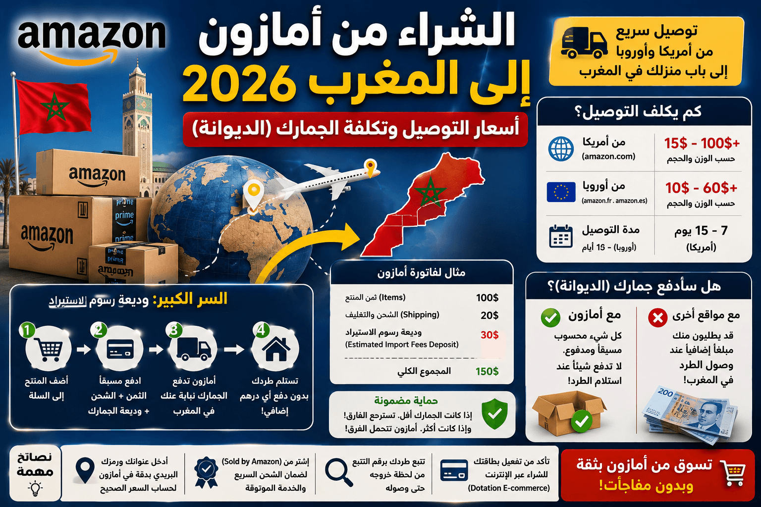 الشراء من أمازون إلى المغرب 2026: أسعار التوصيل وتكلفة الجمارك (الديوانة)