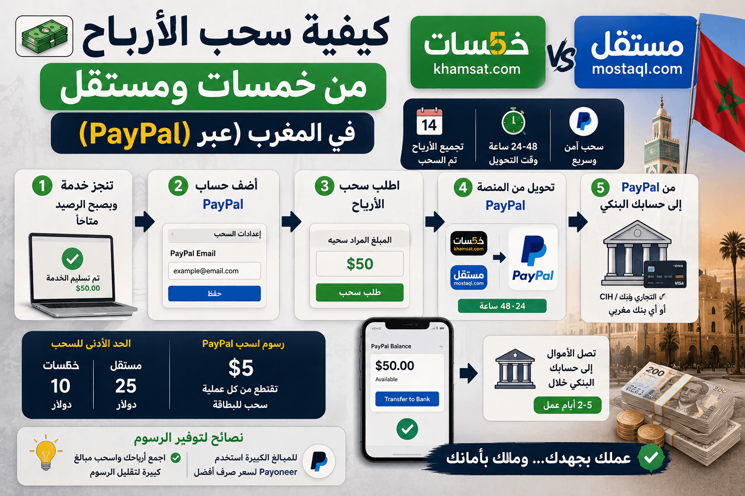 كيفية سحب الأرباح من موقع خمسات ومستقل في المغرب (عبر PayPal)