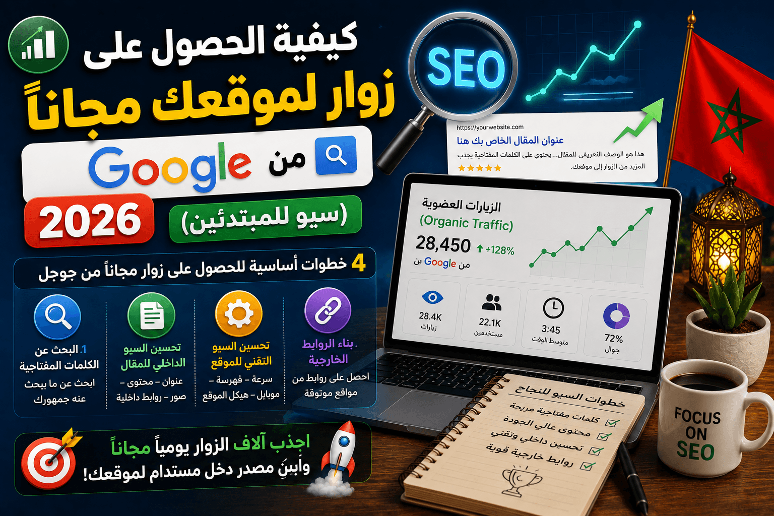 كيفية الحصول على زوار لموقعك مجاناً من جوجل 2026 (سيو للمبتدئين)