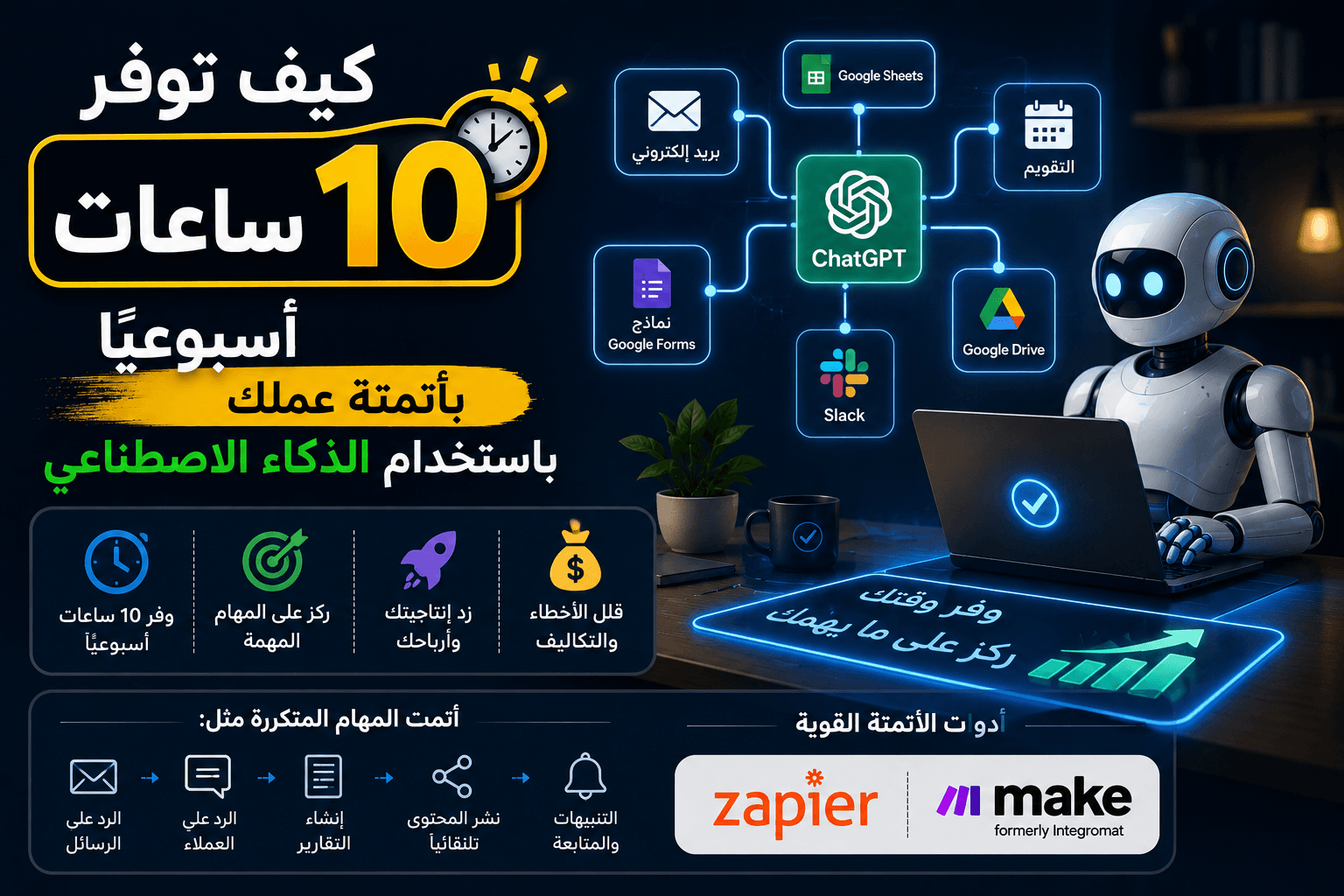 كيف توفر 10 ساعات أسبوعياً بأتمتة عملك باستخدام الذكاء الاصطناعي