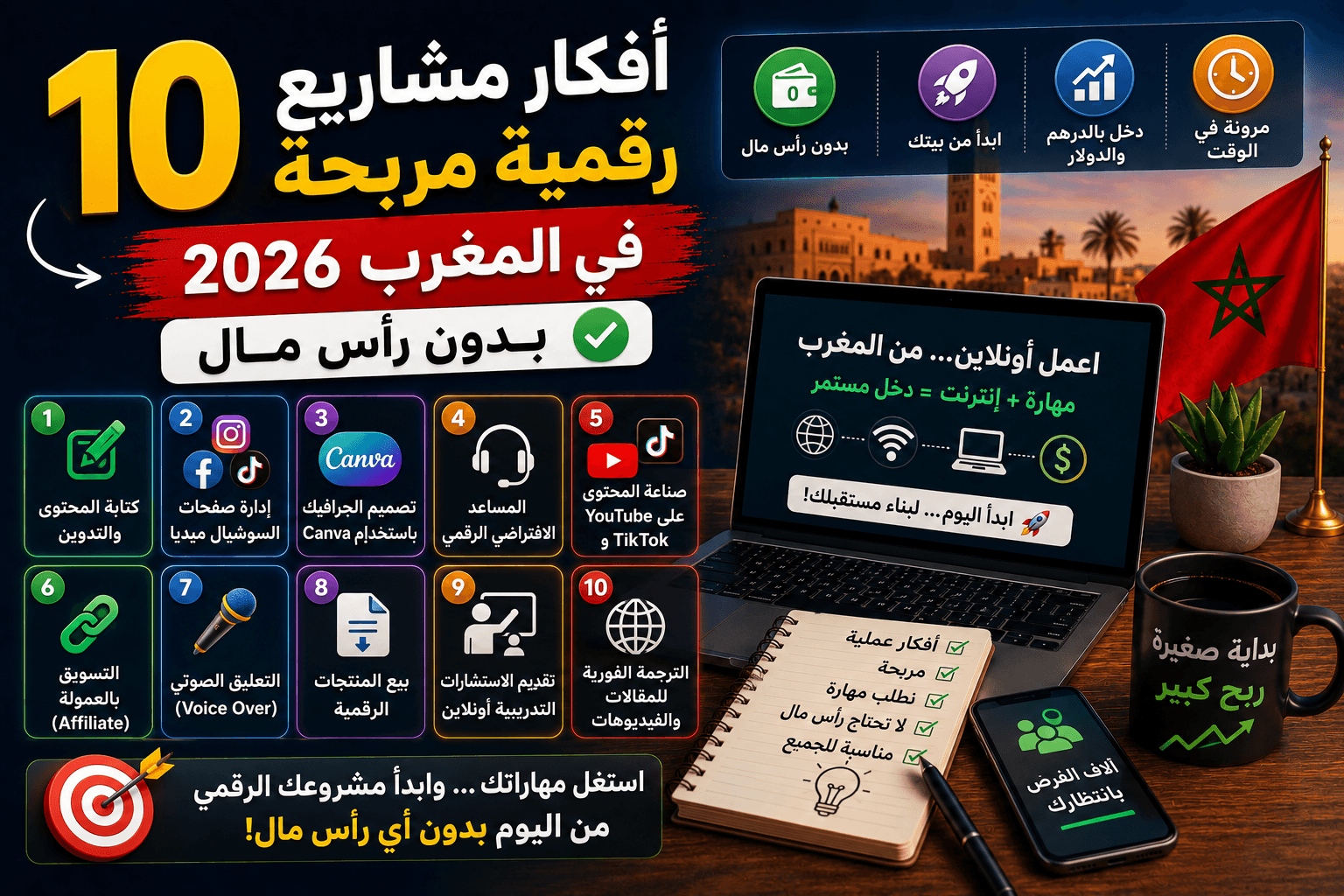 10 أفكار مشاريع رقمية مربحة في المغرب 2026 بدون رأس مال