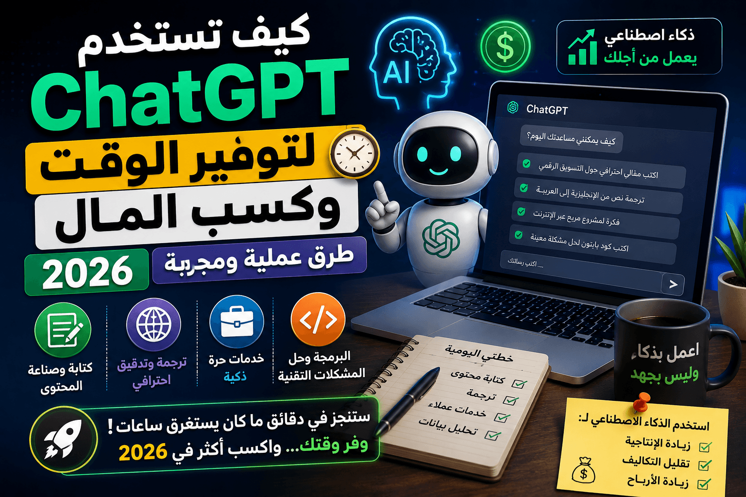 كيف تستخدم ChatGPT لتوفير الوقت وكسب المال 2026: طرق عملية ومجربة