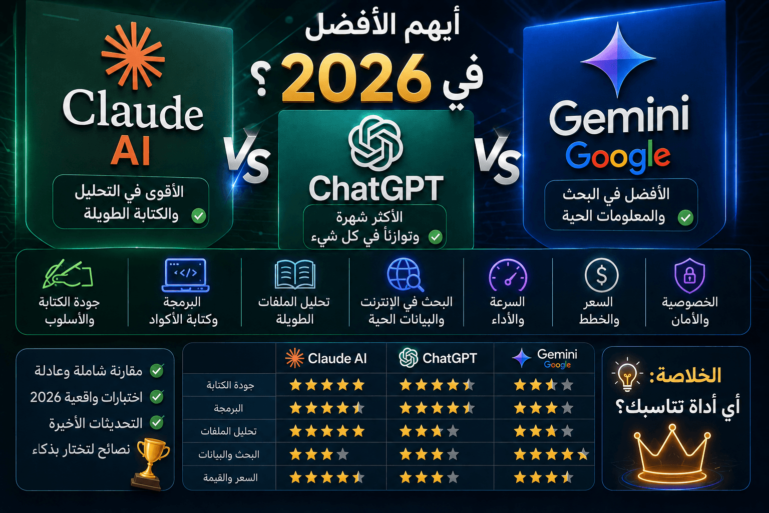 Claude AI vs ChatGPT vs Gemini: أيهم الأفضل في 2026؟