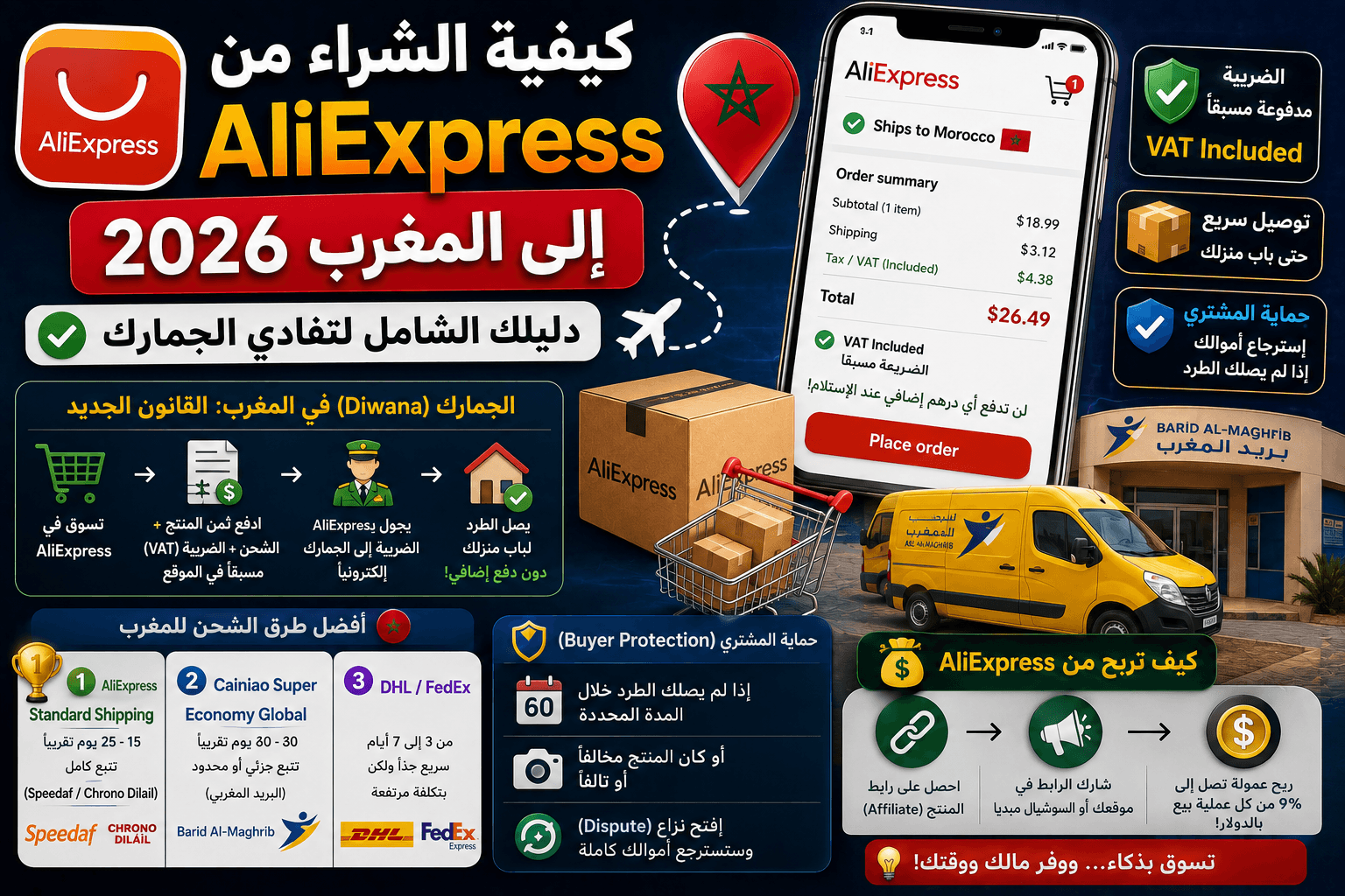 كيفية الشراء من AliExpress إلى المغرب 2026: الجمارك (Diwana) والشحن المجاني