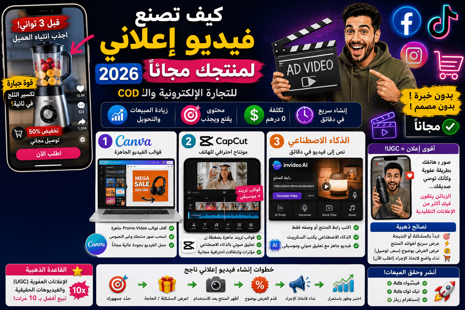 كيف تصنع فيديو إعلاني لمنتجك مجاناً 2026 (للتجارة الإلكترونية والـ COD)