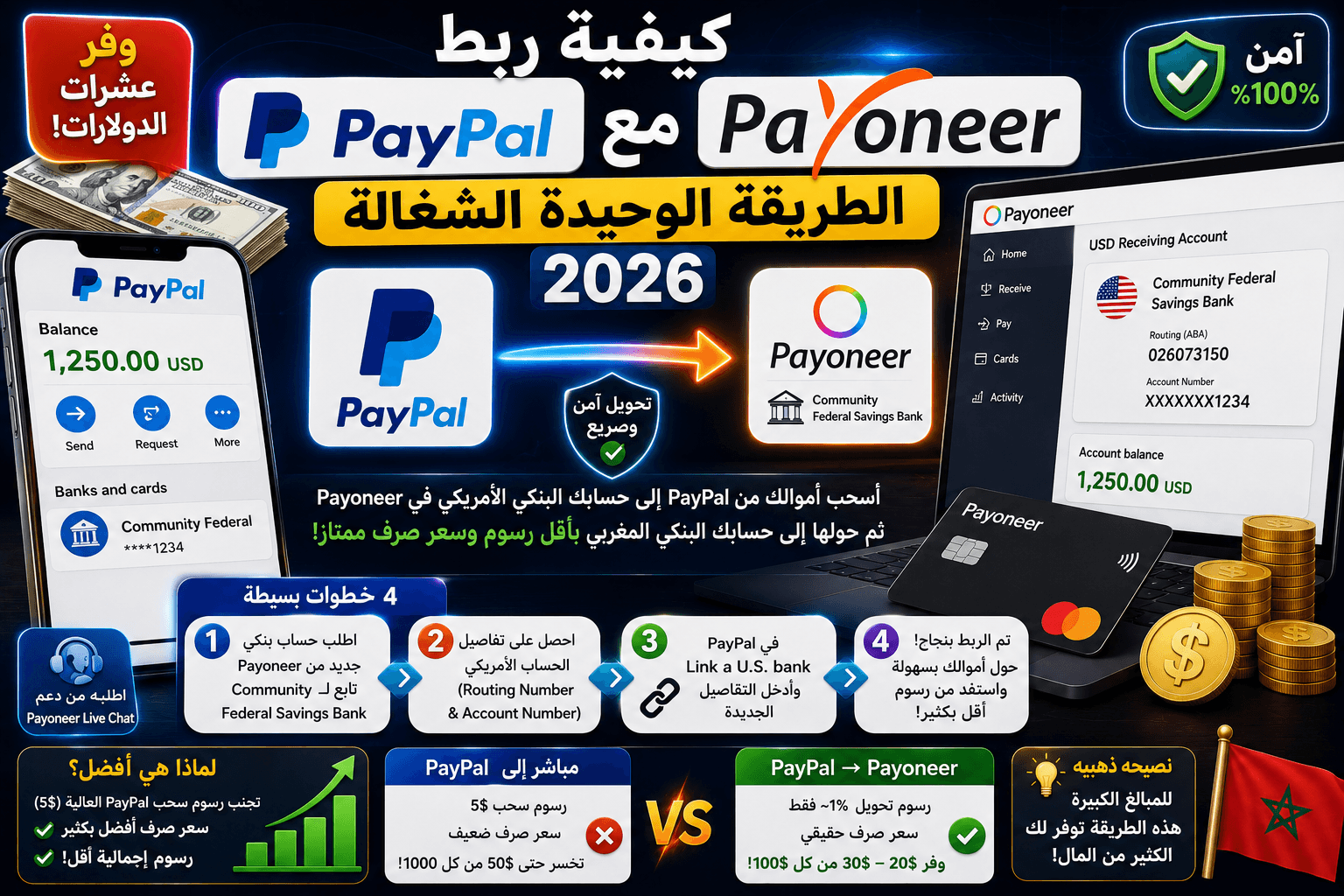 كيفية ربط بايبال مع بايونير (PayPal to Payoneer) في 2026: الطريقة الوحيدة الشغالة
