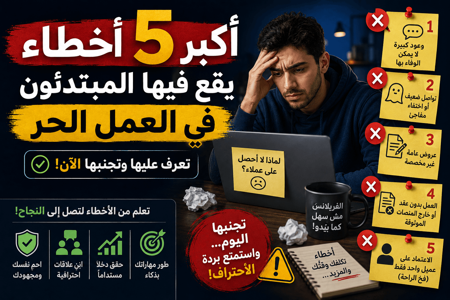 أكبر 5 أخطاء يقع فيها المبتدئون في العمل الحر وكيفية تجنبها