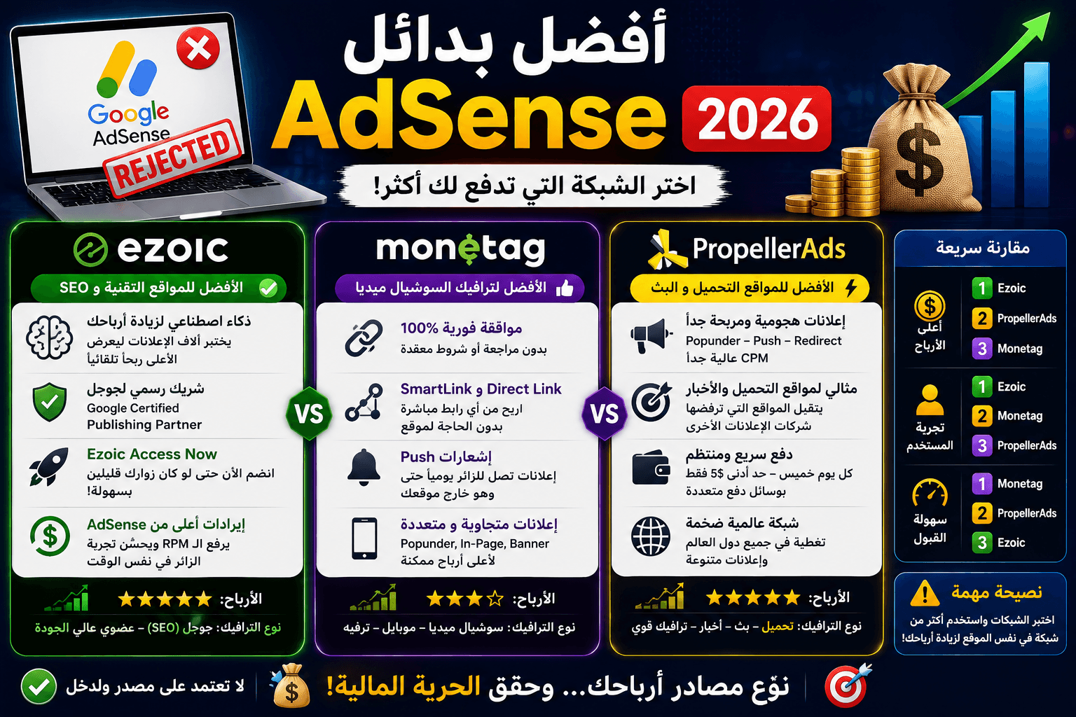 أفضل بدائل AdSense 2026: مقارنة بين Ezoic، Monetag، و PropellerAds