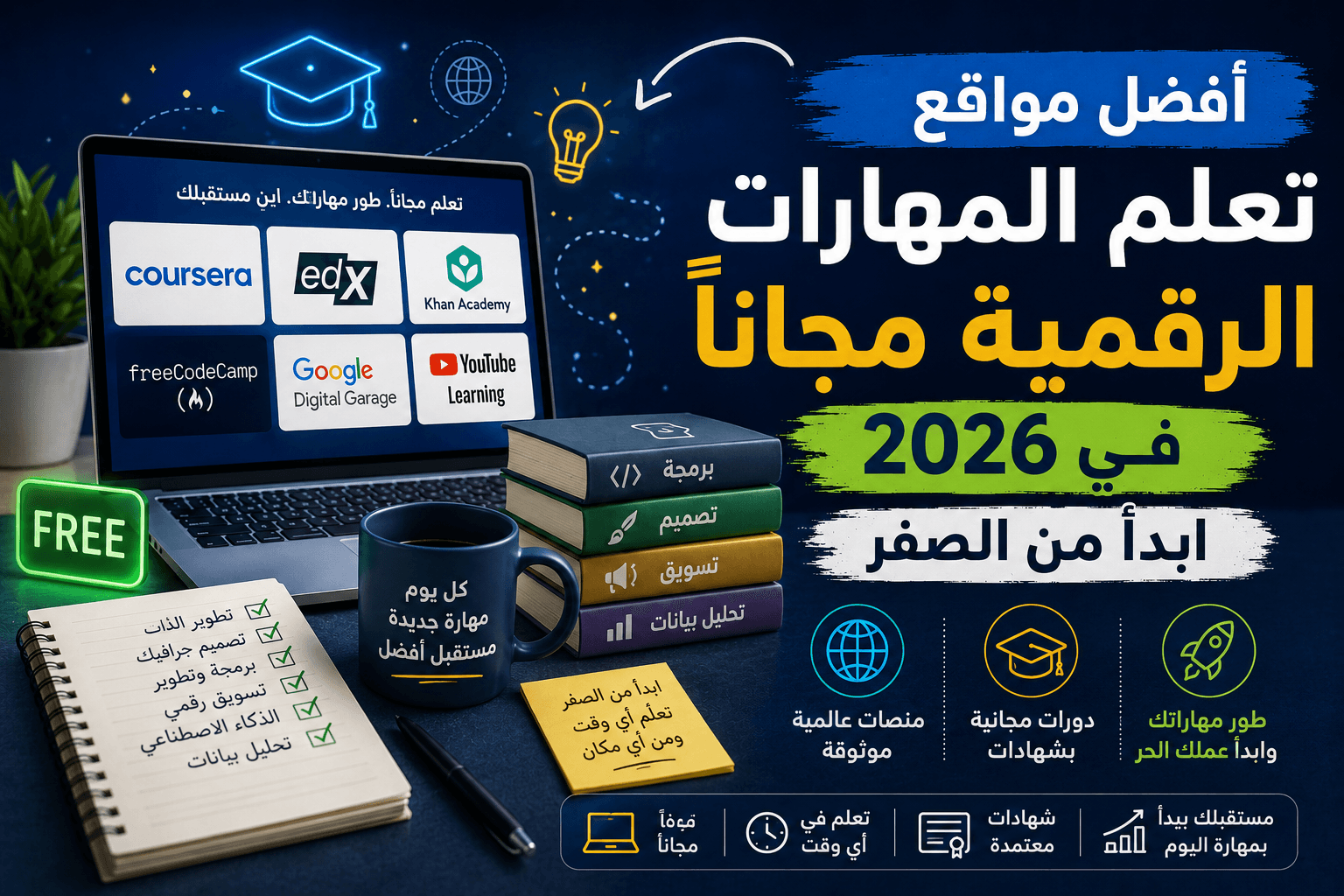 أفضل مواقع تعلم المهارات الرقمية مجاناً في 2026: ابدأ من الصفر