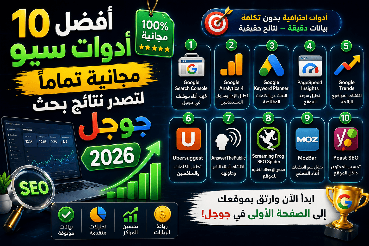 أفضل 10 أدوات سيو مجانية تماماً لتصدر نتائج بحث جوجل 2026