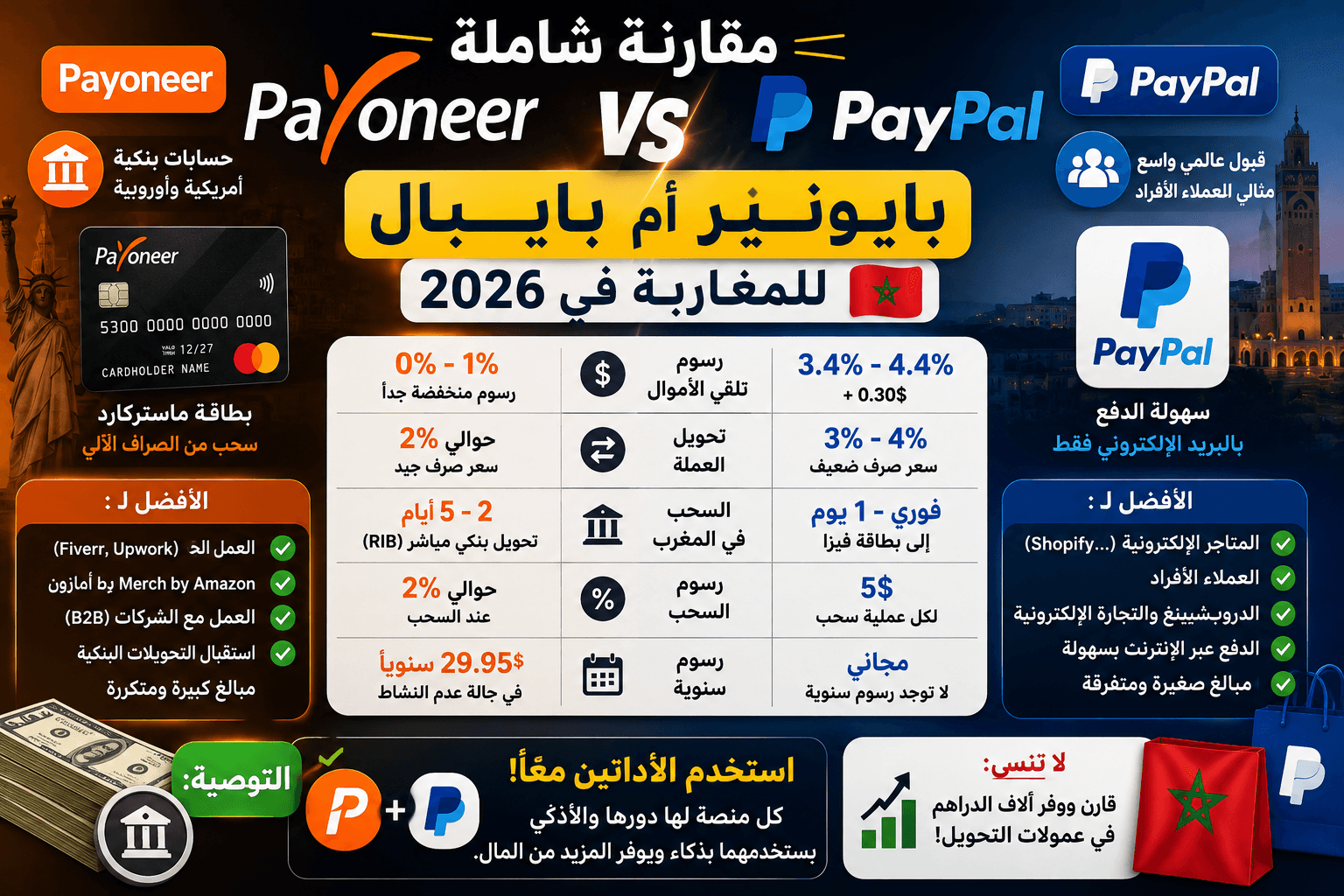 مقارنة شاملة: بايونير أم بايبال (Payoneer vs PayPal) للمغاربة في 2026