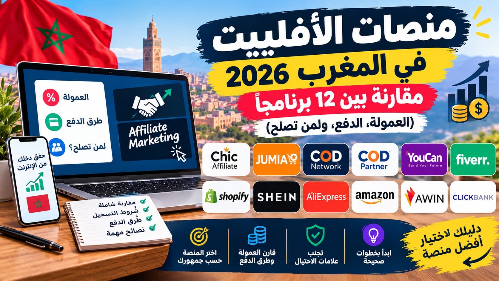 منصات الأفلييت في المغرب 2026: مقارنة بين 12 برنامجاً (العمولة، الدفع، ولمن تصلح)