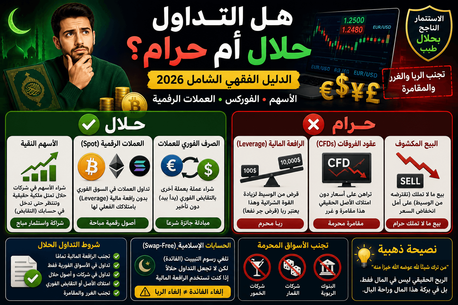 هل التداول حلال أم حرام؟ الدليل الفقهي للعملات الرقمية والفوركس 2026