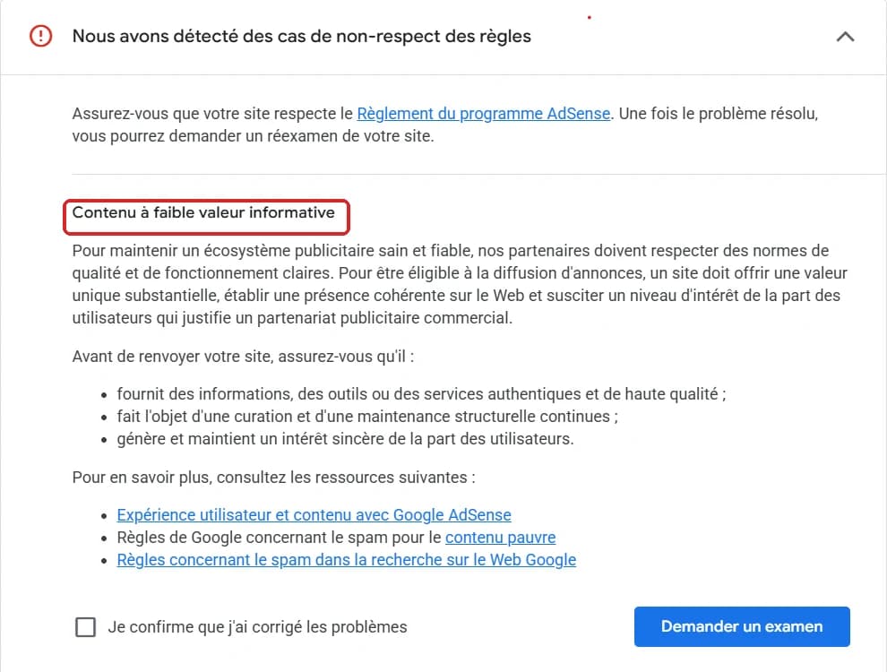 رسالة AdSense: Nous avons détecté des cas de non-respect des règles - Contenu à faible valeur informative